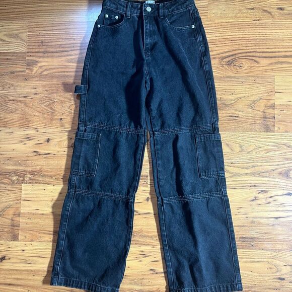 Princess Polly Black Wide Leg Utility Cargo Jeans Sz 2 Y2K Style - Picture 1 of 10